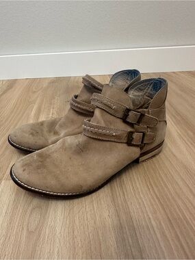 Free People Double-Buckle‎ Suede Ankle Boots in Tan